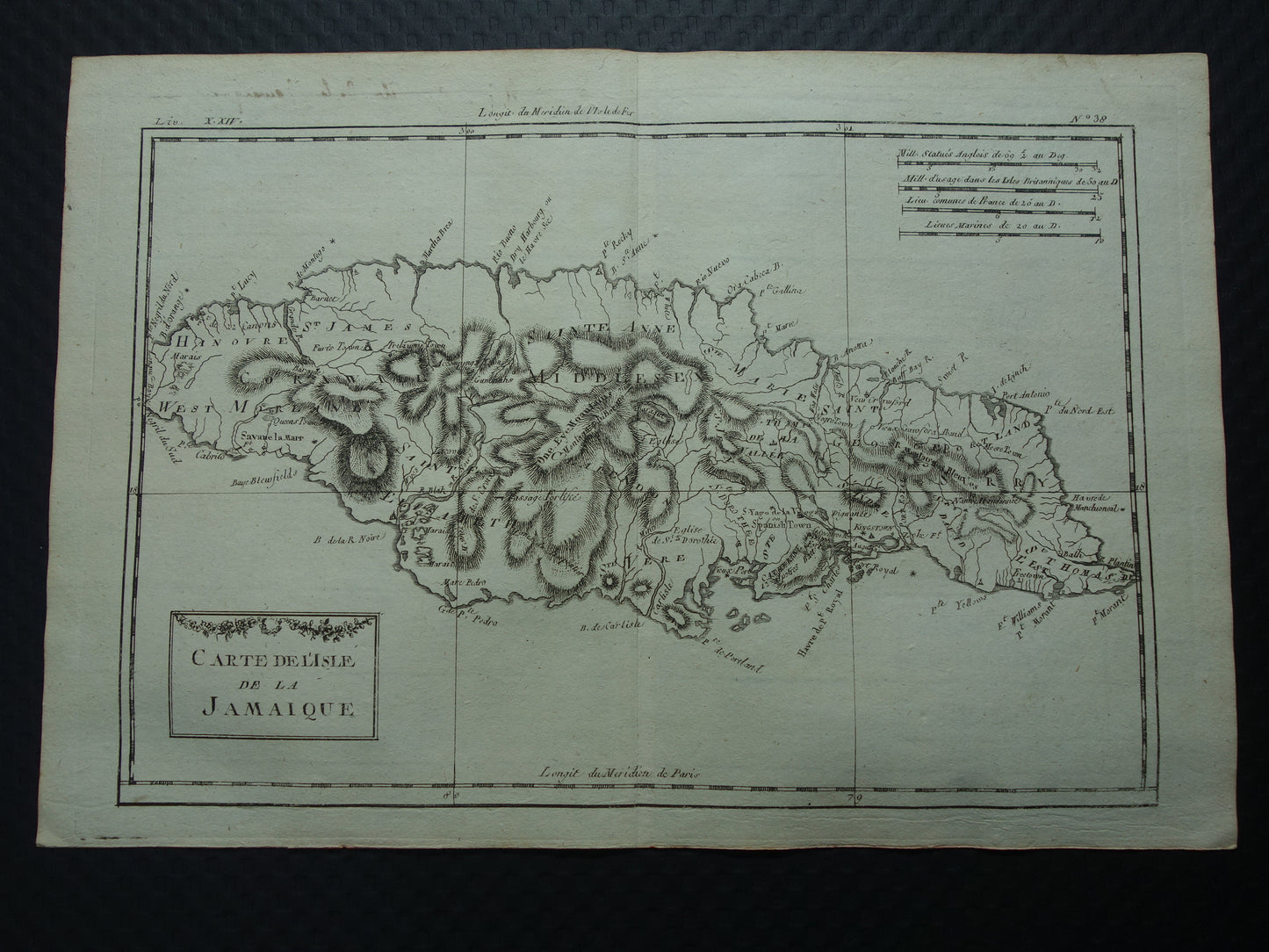 JAMAICA Oude landkaart van Jamaica Originele vintage Franse Bonne kaart uit 1784