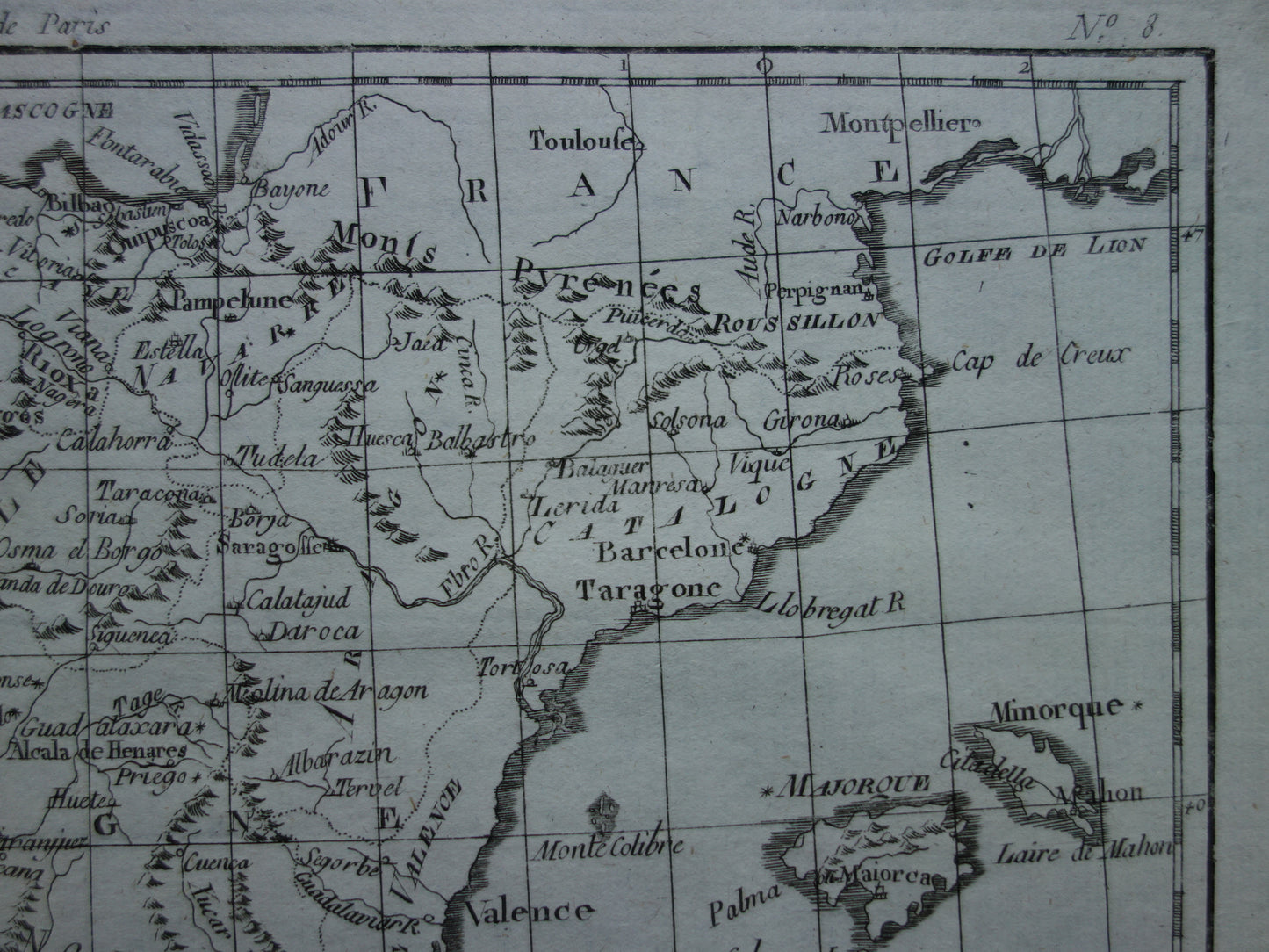1780 Oude kaart van Spanje en Portugal Originele Antieke landkaart - Raynal Bonne Les Royaumes d'Espagne et de Portugal