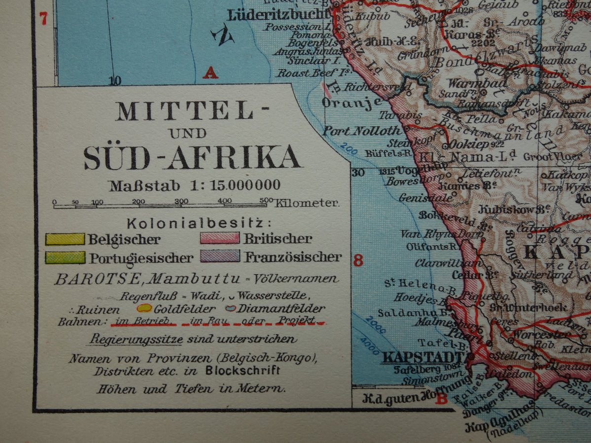 Old map of Southern Africa in 1928 original historical map of South Africa Madagascar Angola Namibia Botswana Tanzania Congo Mozambique Zambia