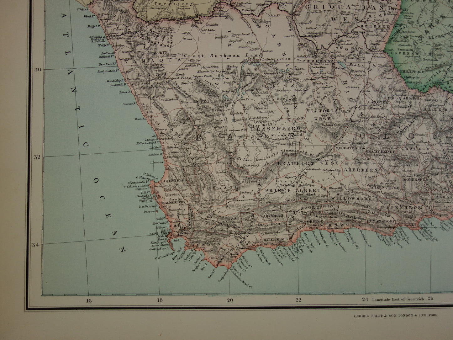 Landkaart van zuidelijk Afrika uit 1890 Grote originele 130+ jaar oude antieke kaart van Oranje Vrijstaat Kaapkolonie Natal Zuid Afrikaanse Republiek