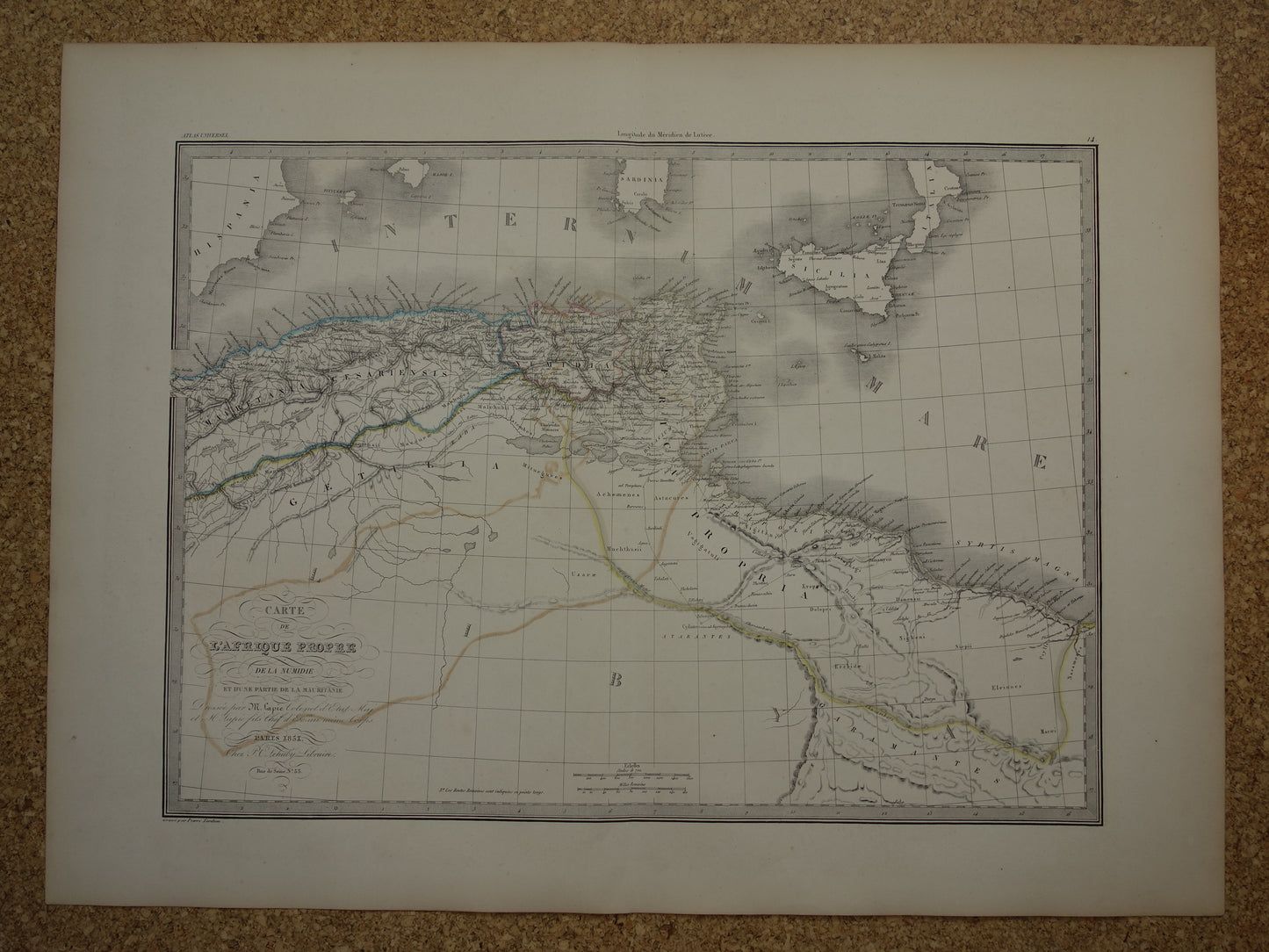 Oude kaart van Noord-Afrika in de klassieke oudheid uit 1851 originele antieke Franse handgekleurde landkaart Carthago Mauretanië Numidië Tunesië met jaartal