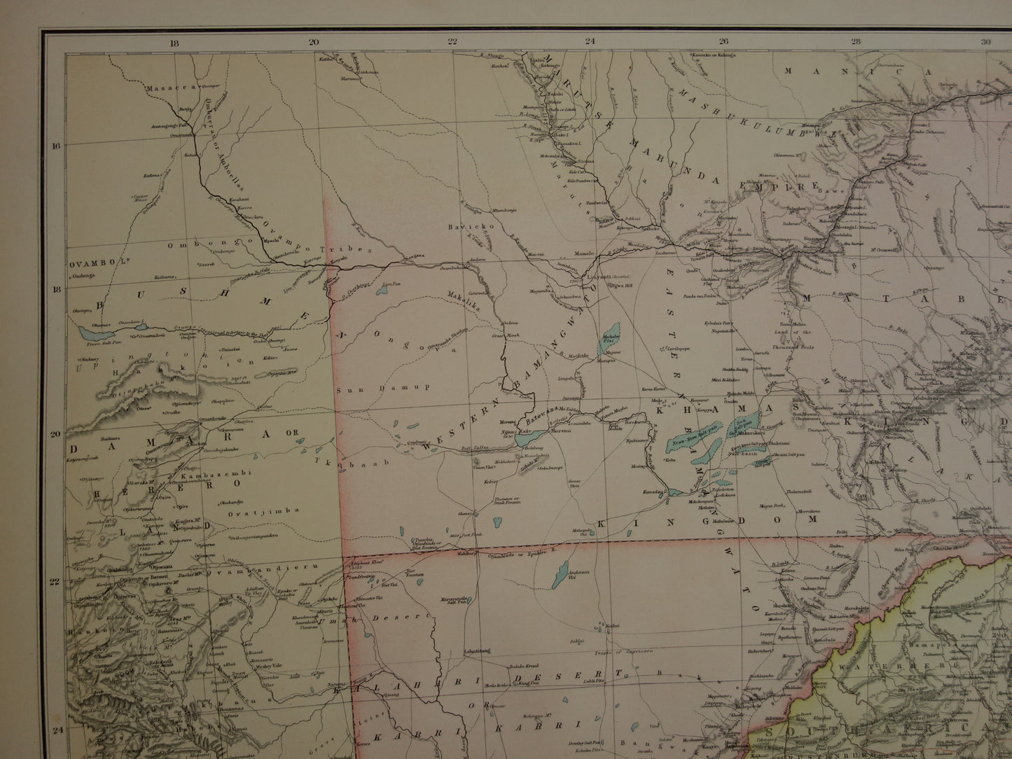 Landkaart van zuidelijk Afrika uit 1890 Grote originele 130+ jaar oude antieke kaart van Oranje Vrijstaat Kaapkolonie Natal Zuid Afrikaanse Republiek