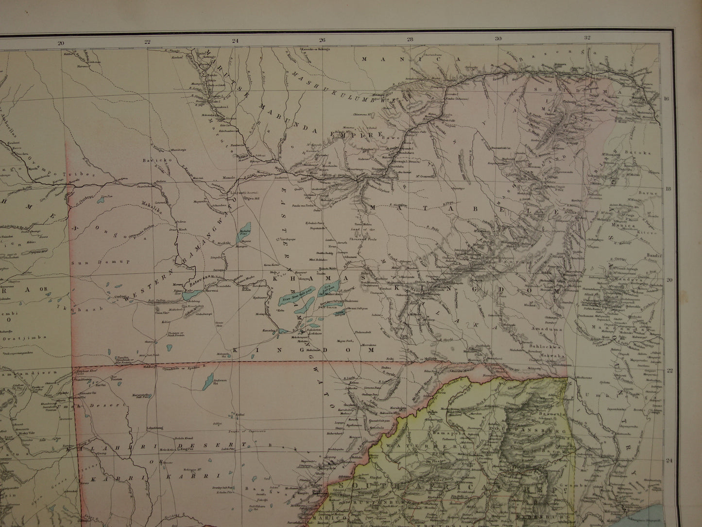 Landkaart van zuidelijk Afrika uit 1890 Grote originele 130+ jaar oude antieke kaart van Oranje Vrijstaat Kaapkolonie Natal Zuid Afrikaanse Republiek