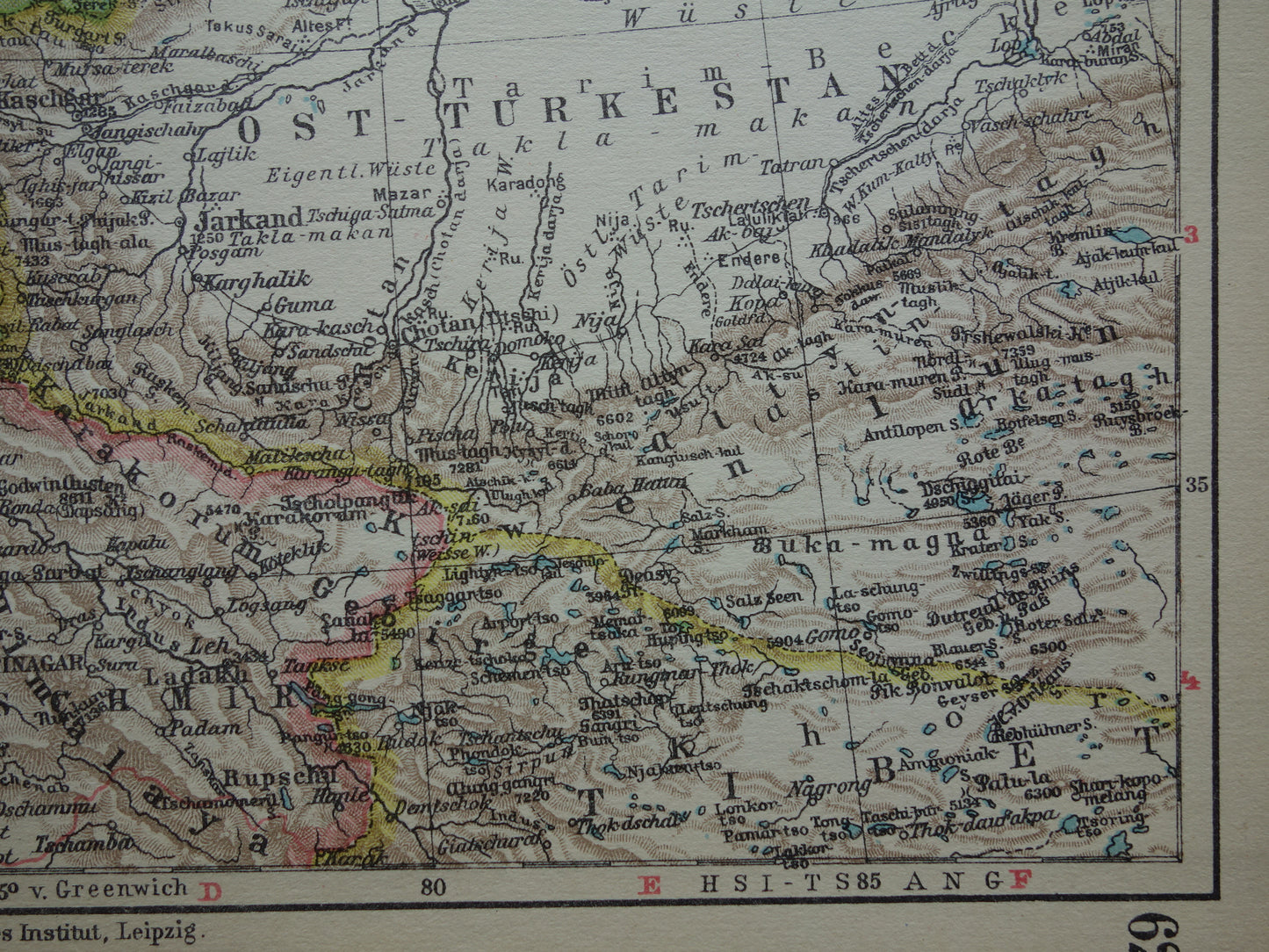 CENTRAL ASIA old map of Tibet Turkestan Himalaya small antique German map Uzbekistan Kyrgyzstan Tajikistan