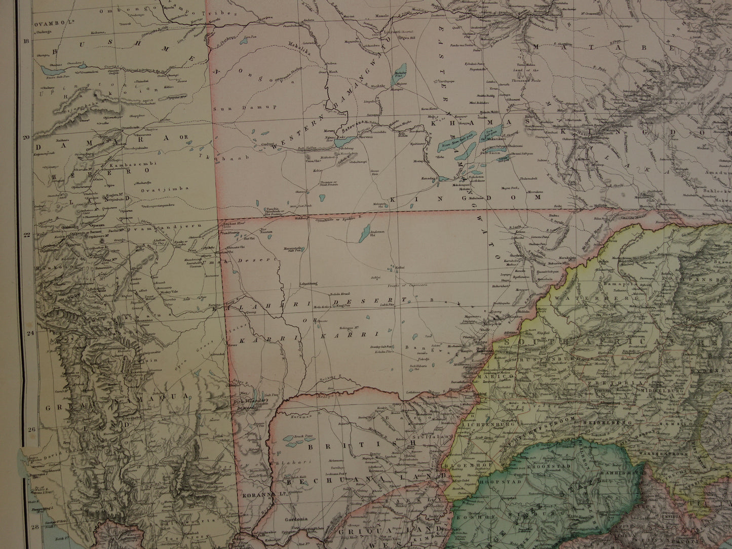 Landkaart van zuidelijk Afrika uit 1890 Grote originele 130+ jaar oude antieke kaart van Oranje Vrijstaat Kaapkolonie Natal Zuid Afrikaanse Republiek