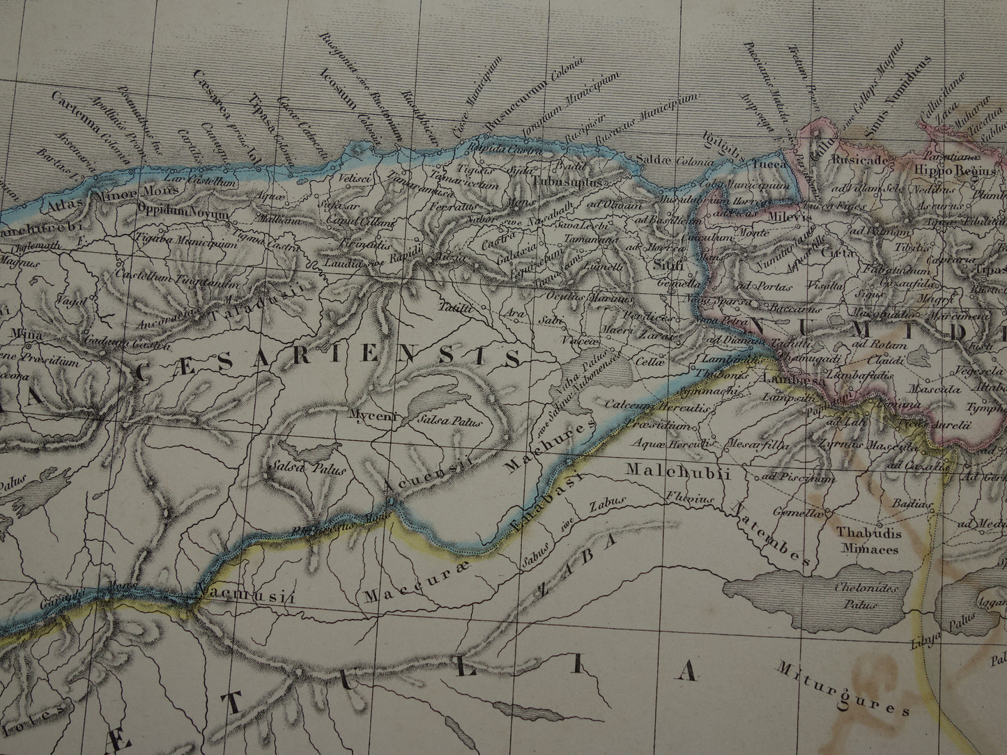 Oude kaart van Noord-Afrika in de klassieke oudheid uit 1851 originele antieke Franse handgekleurde landkaart Carthago Mauretanië Numidië Tunesië met jaartal