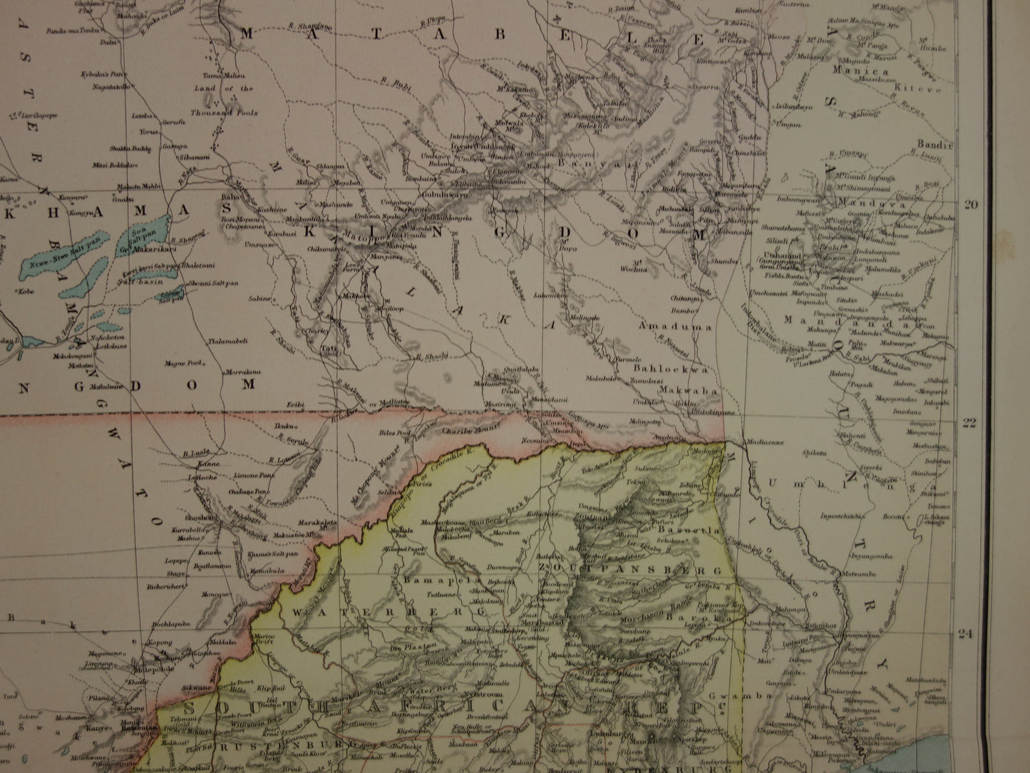 Landkaart van zuidelijk Afrika uit 1890 Grote originele 130+ jaar oude antieke kaart van Oranje Vrijstaat Kaapkolonie Natal Zuid Afrikaanse Republiek