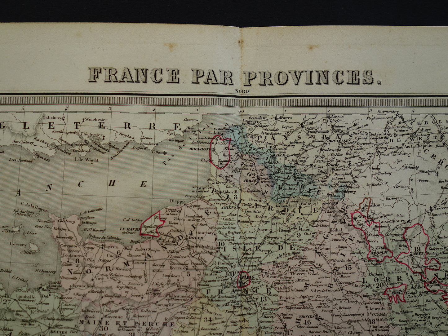 FRANKRIJK Antieke kaart van provincies in Frankrijk uit 1858 originele grote oude handgekleurde Franse landkaart