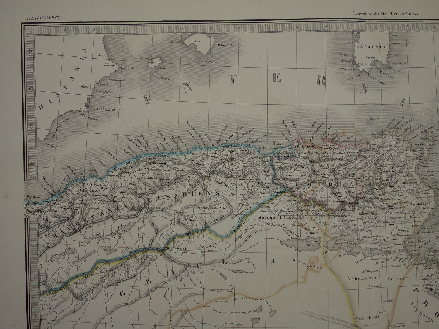 Oude kaart van Noord-Afrika in de klassieke oudheid uit 1851 originele antieke Franse handgekleurde landkaart Carthago Mauretanië Numidië Tunesië met jaartal