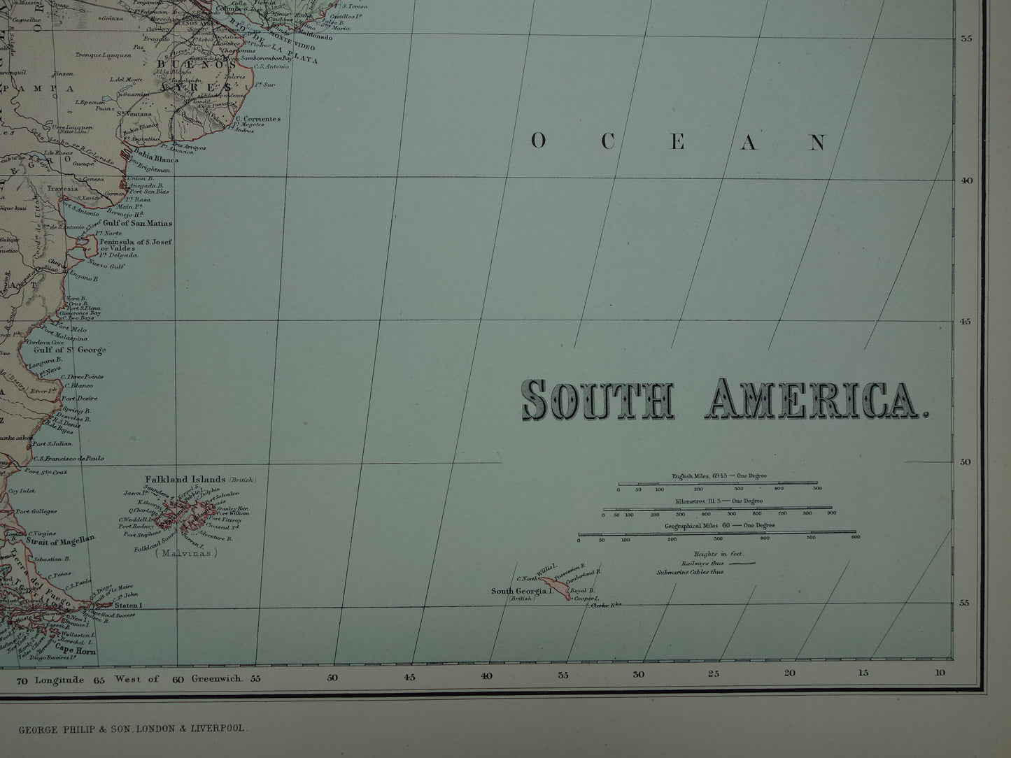 Grote oude kaart van Zuid-Amerika 1890 originele antieke landkaart van continent