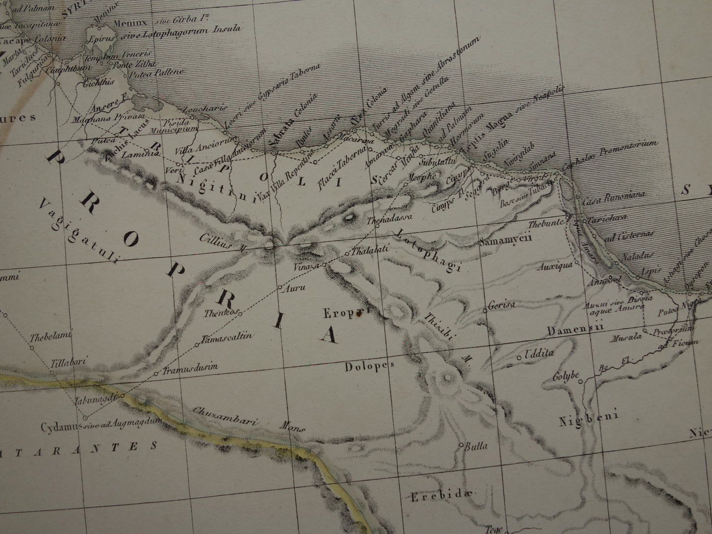 Oude kaart van Noord-Afrika in de klassieke oudheid uit 1851 originele antieke Franse handgekleurde landkaart Carthago Mauretanië Numidië Tunesië met jaartal