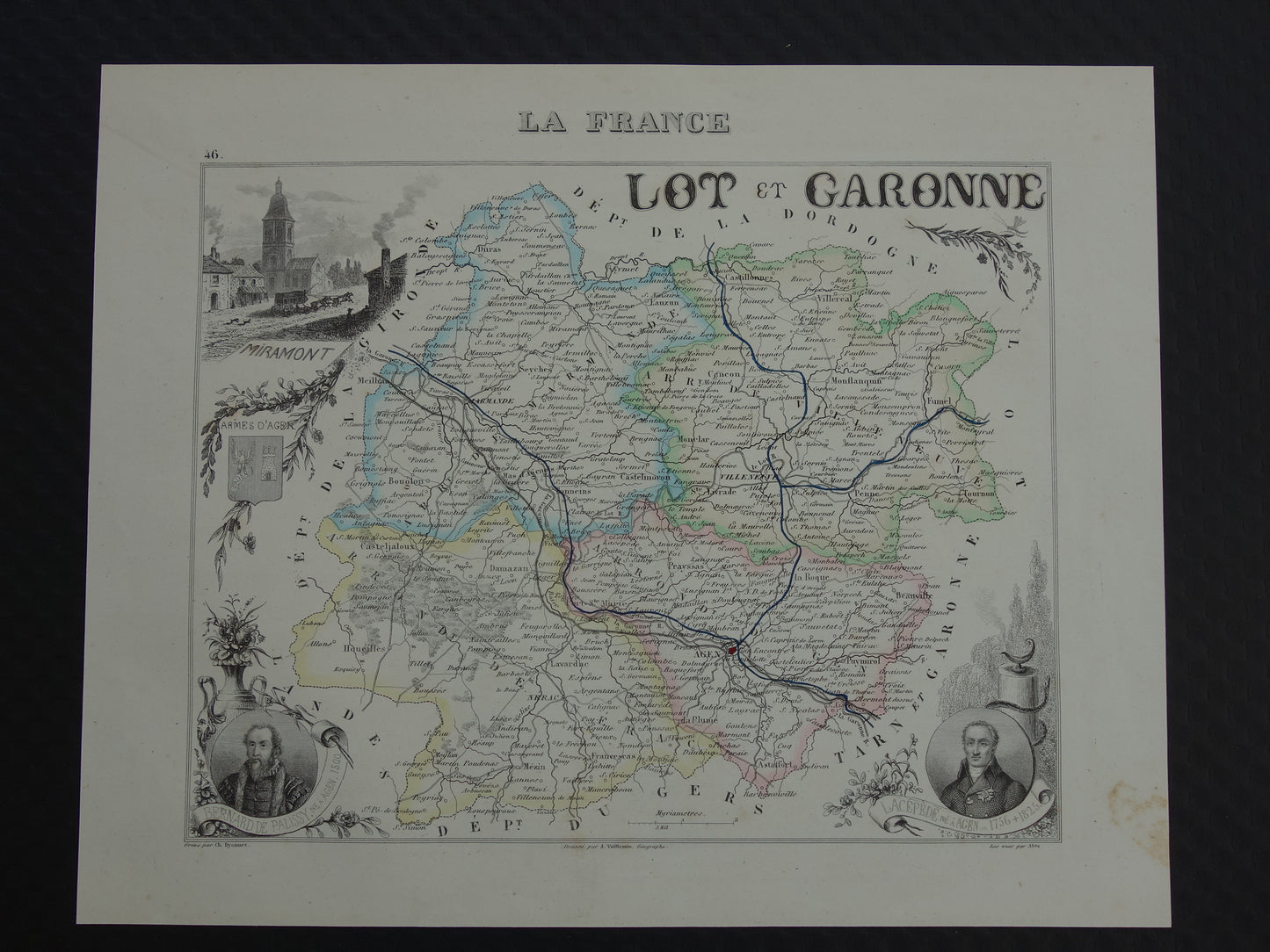 Lot-et-Garonne Frankrijk oude kaart uit 1856 originele antieke handgekleurde landkaart departement Miramont Agen