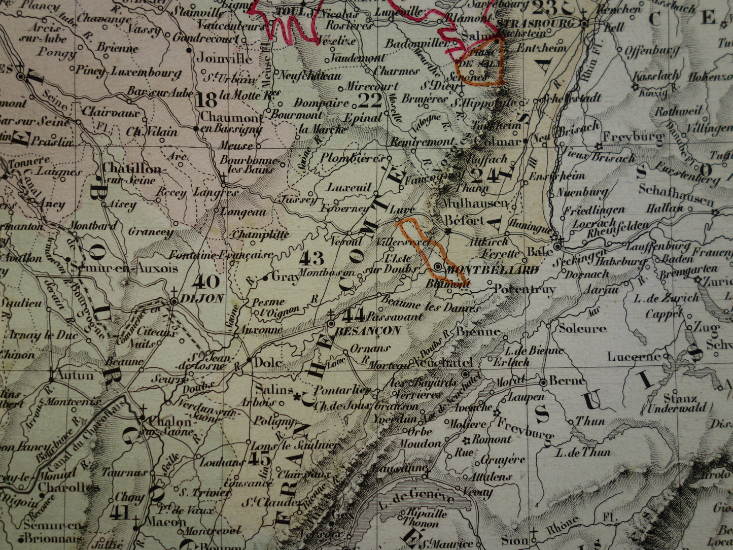 FRANKRIJK Antieke kaart van provincies in Frankrijk uit 1858 originele grote oude handgekleurde Franse landkaart