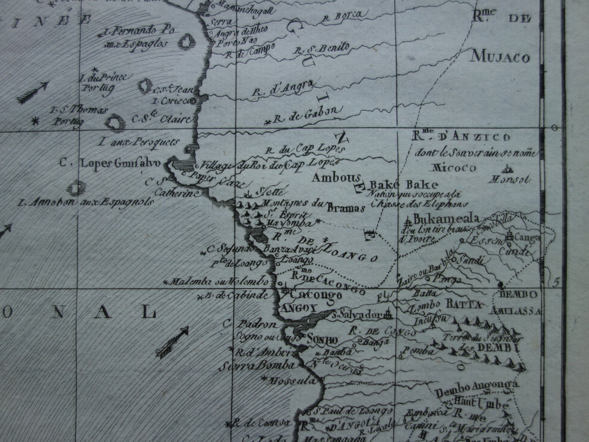 Alte Karte von Westafrika aus dem Jahr 1780, Originale antike Karte des Golfs von Guinea, Gabun, Kamerun - Raynal Bonne