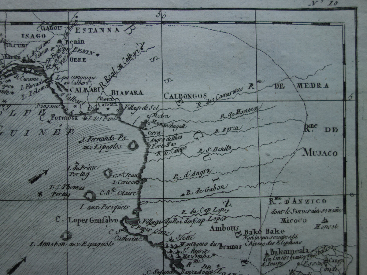 Alte Karte von Westafrika aus dem Jahr 1780, Originale antike Karte des Golfs von Guinea, Gabun, Kamerun - Raynal Bonne
