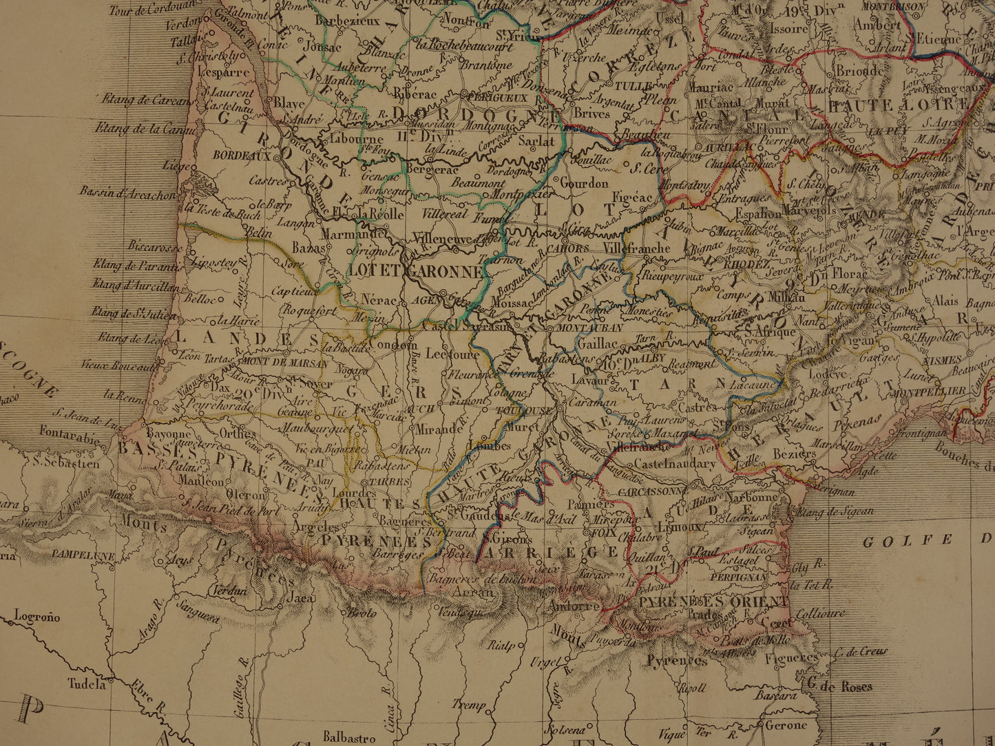 FRANKRIJK grote oude Franse kaart van Frankrijk in 1842 originele antieke handgekleurde landkaart poster