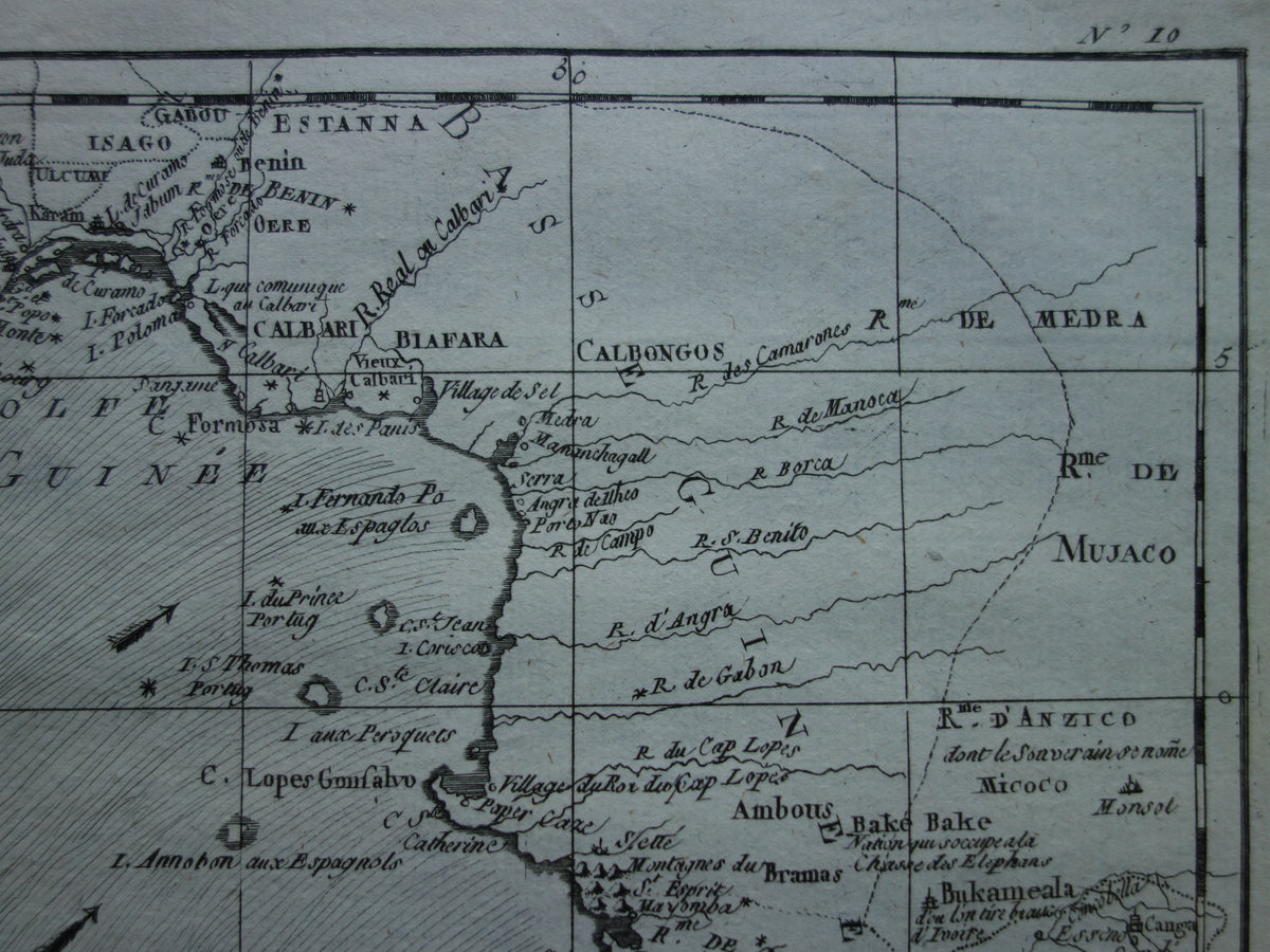 Alte Karte von Westafrika aus dem Jahr 1780, Originale antike Karte des Golfs von Guinea, Gabun, Kamerun - Raynal Bonne
