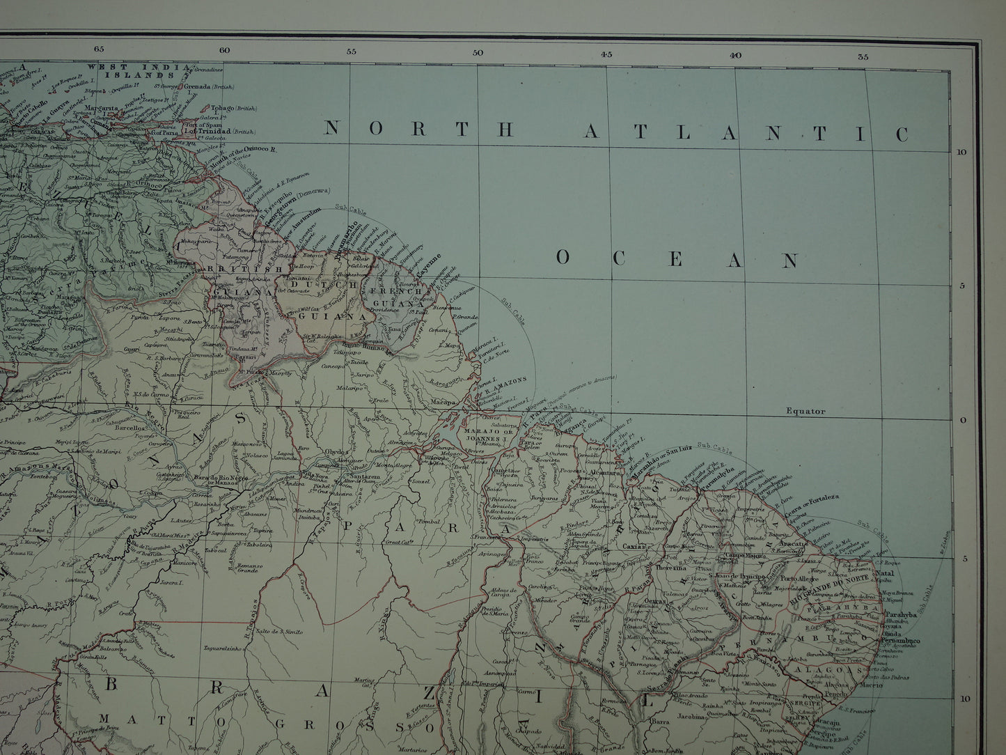 Grote oude kaart van Zuid-Amerika 1890 originele antieke landkaart van continent