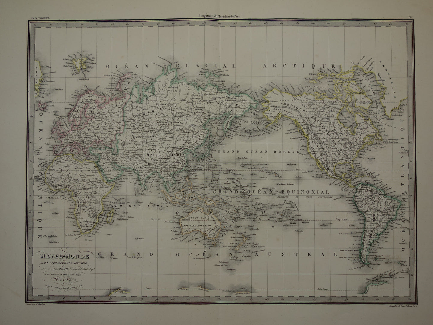 Grote oude Wereldkaart 1851 originele antieke landkaart van de wereld - historische kaarten met jaartal