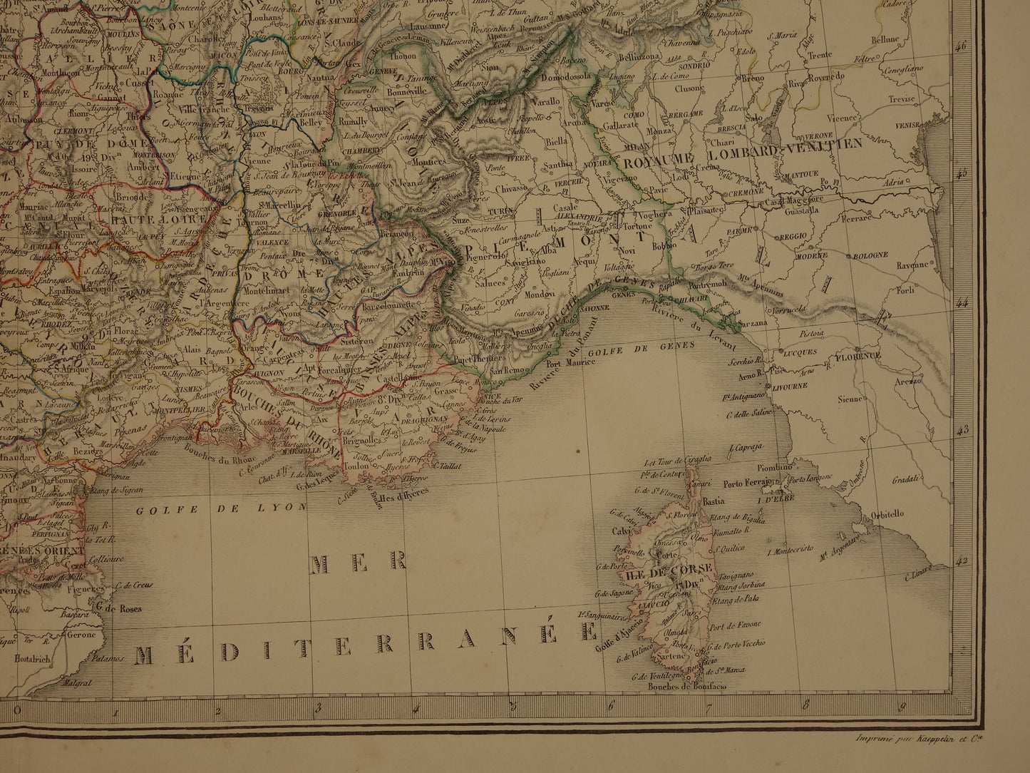 FRANKRIJK grote oude Franse kaart van Frankrijk in 1842 originele antieke handgekleurde landkaart poster