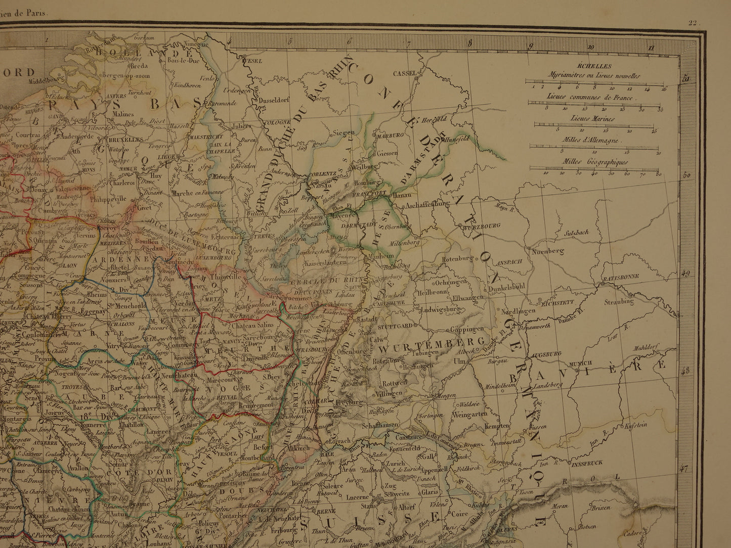 FRANKRIJK grote oude Franse kaart van Frankrijk in 1842 originele antieke handgekleurde landkaart poster
