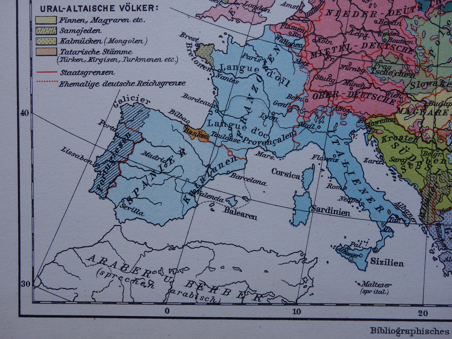 Oude kaart van Europa - kleine etnologische en linguïstische landkaart Europa- vintage kaarten