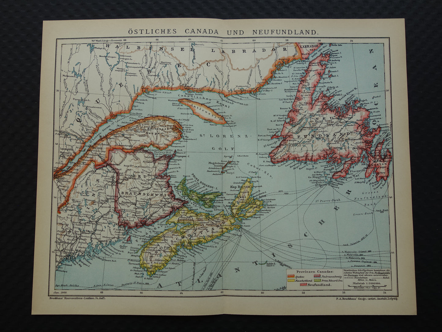 CANADA Antieke kaart van Newfoundland Nova Scotia Brunswick 1909 oude Duitse landkaart met jaartal