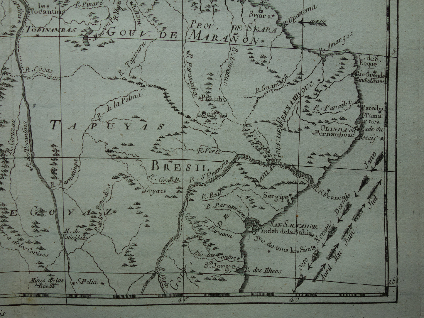 BRAZILIË Oude landkaart van Noordoost Brazilië Amazone rivier Originele vintage Franse Bonne kaart uit 1784