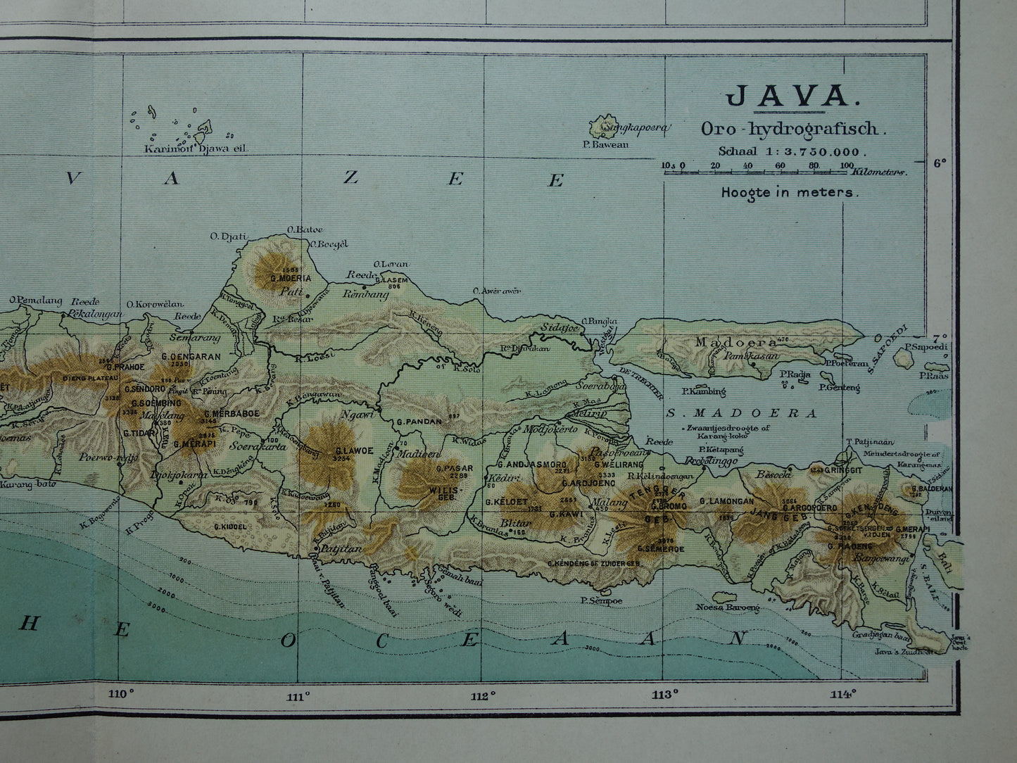 JAVA Antieke Nederlandse kaart van Java uit 1908 oude hoogtekaart landkaart vulkanen