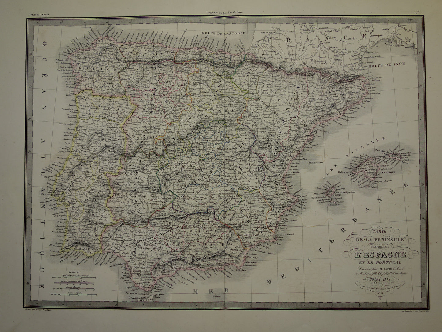SPANJE grote oude kaart van Spanje en Portugal in 1851 originele antieke Franse handgekleurde landkaart met jaartal
