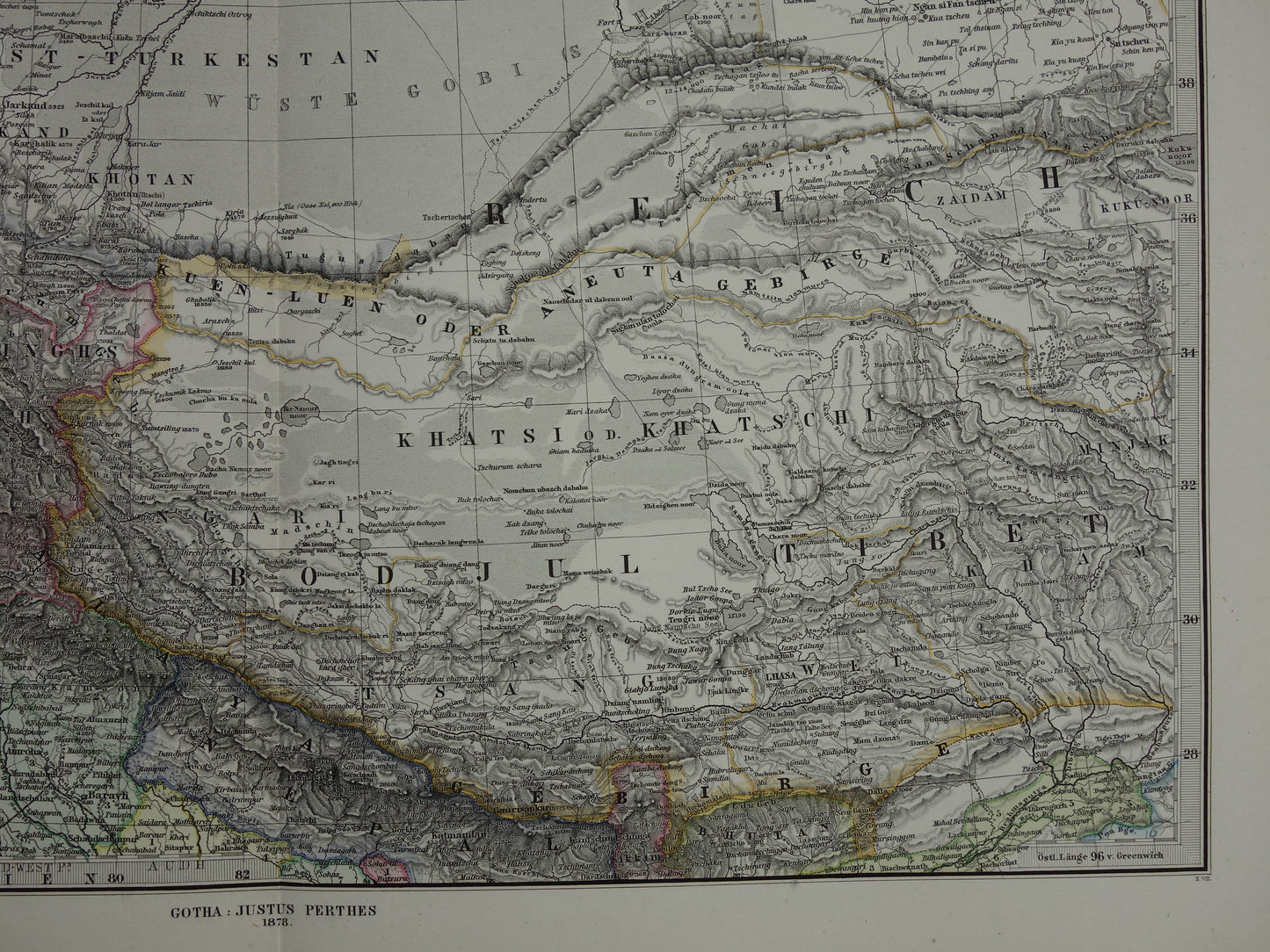 CENTRAAL-AZIË oude kaart van Tibet Kashmir Turkestan Himalaya antieke Duitse kaart Oezbekistan Kirgizië Tadzjikistan