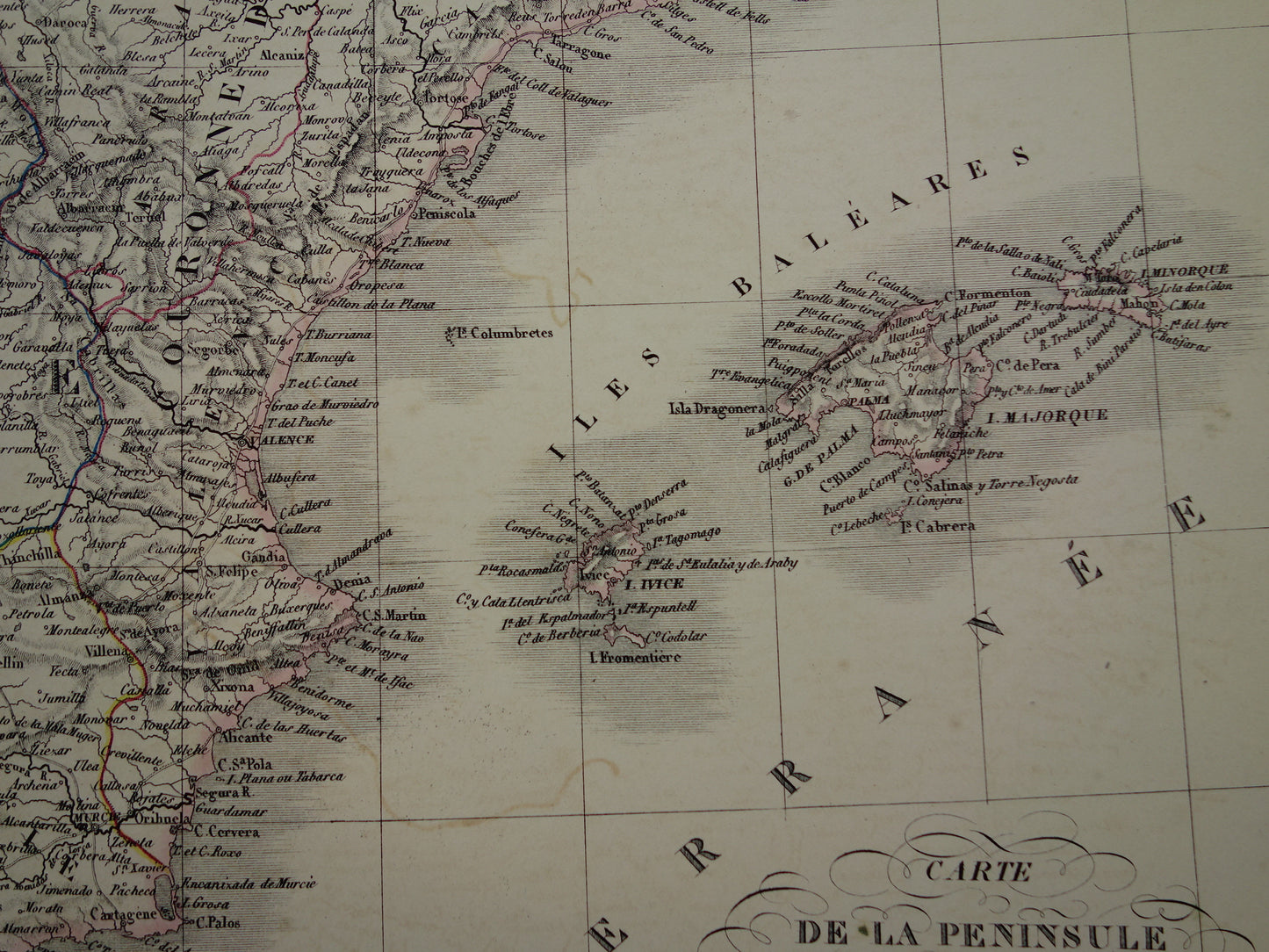 SPANJE grote oude kaart van Spanje en Portugal in 1851 originele antieke Franse handgekleurde landkaart met jaartal