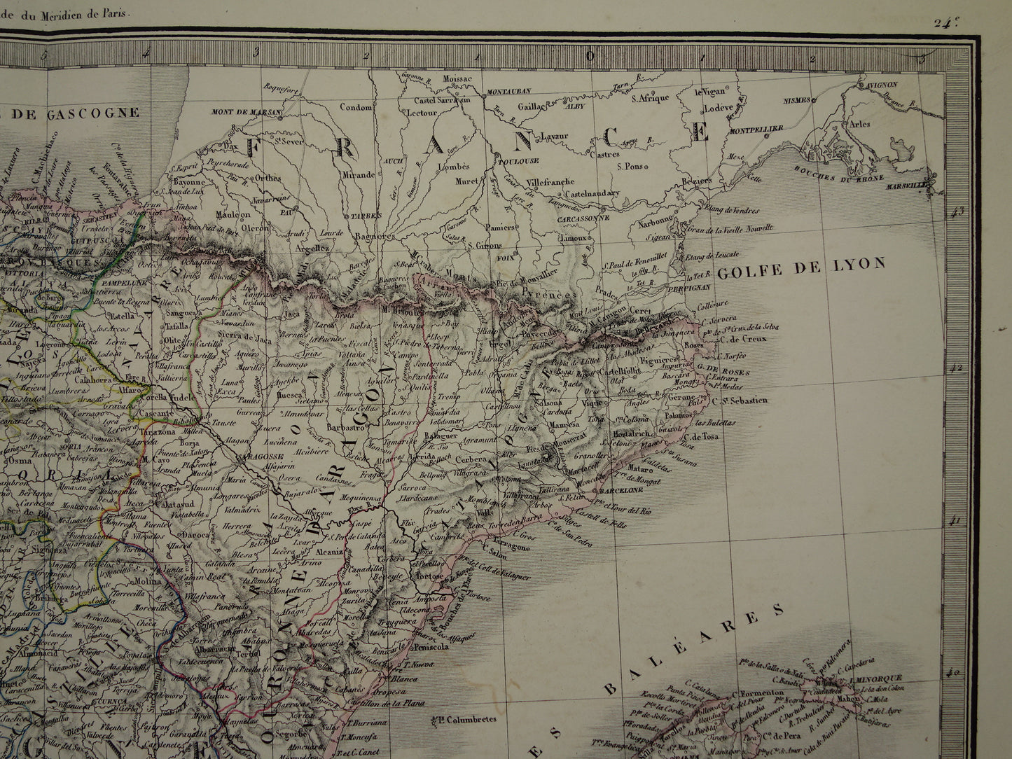 SPANJE grote oude kaart van Spanje en Portugal in 1851 originele antieke Franse handgekleurde landkaart met jaartal