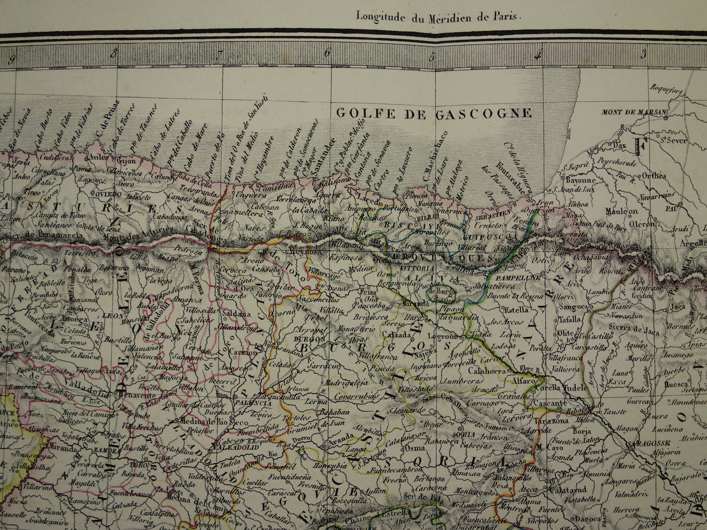 SPANJE grote oude kaart van Spanje en Portugal in 1851 originele antieke Franse handgekleurde landkaart met jaartal