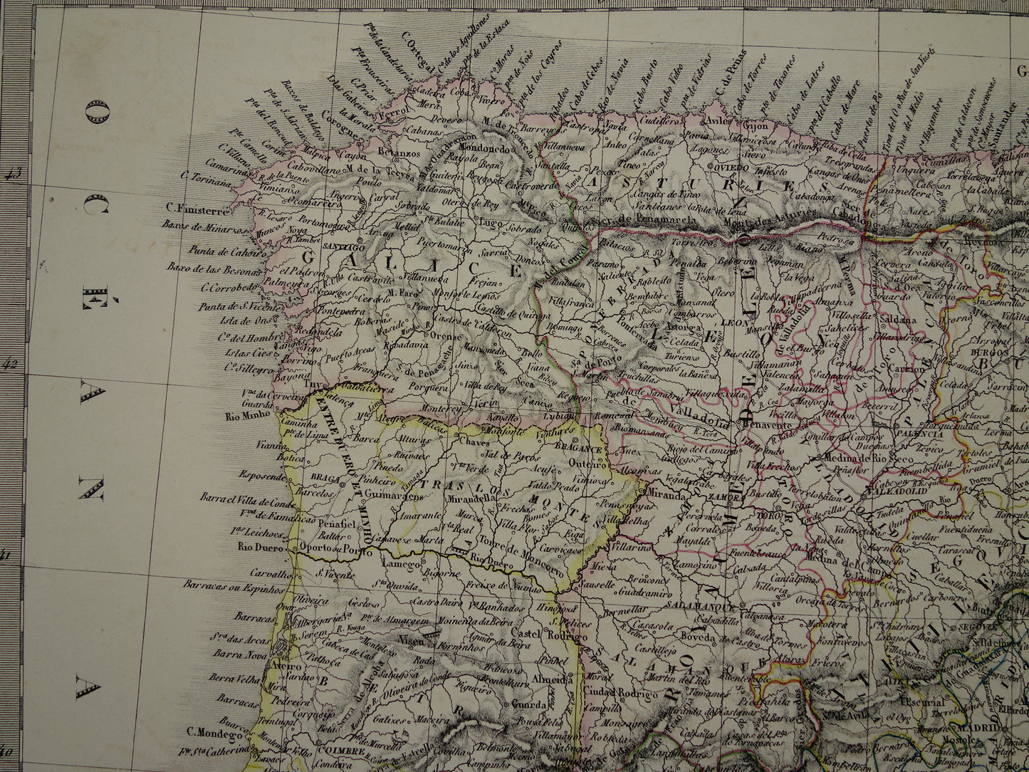 SPANJE grote oude kaart van Spanje en Portugal in 1851 originele antieke Franse handgekleurde landkaart met jaartal
