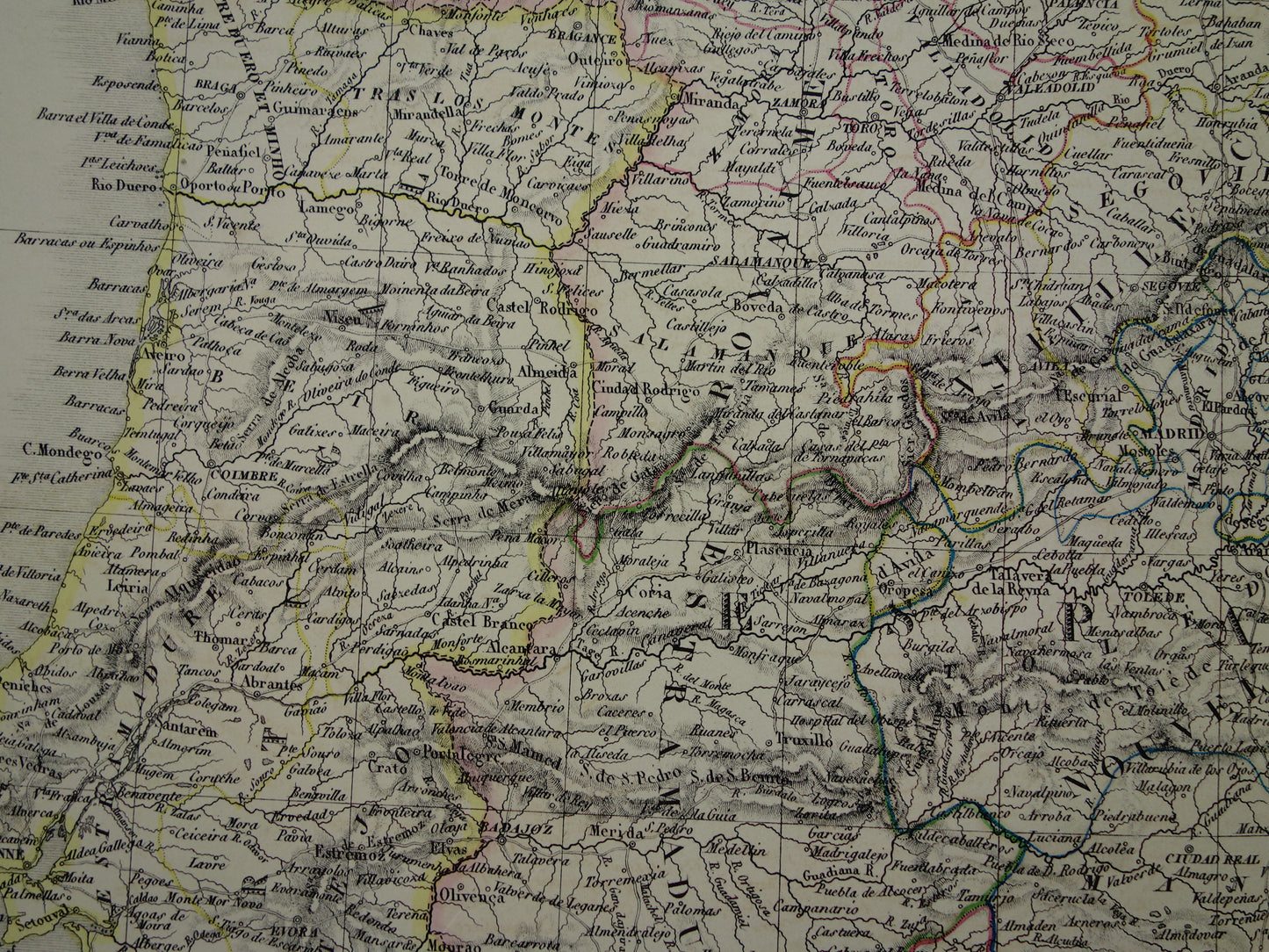 SPANJE grote oude kaart van Spanje en Portugal in 1851 originele antieke Franse handgekleurde landkaart met jaartal