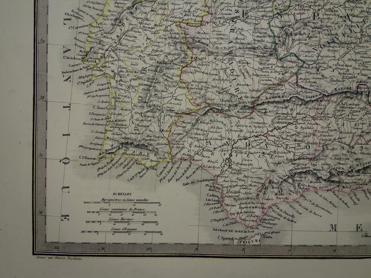 SPANJE grote oude kaart van Spanje en Portugal in 1851 originele antieke Franse handgekleurde landkaart met jaartal