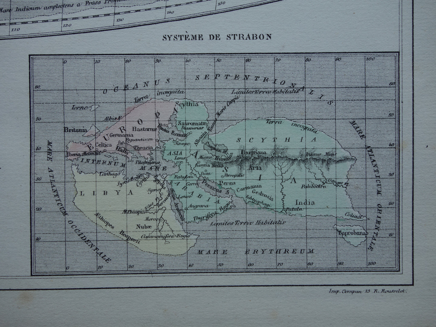 Antieke historische WERELDKAART 1858 oude kaart van Strabo Ptolemaeus Eratosthenes van de wereld in de klassieke oudheid