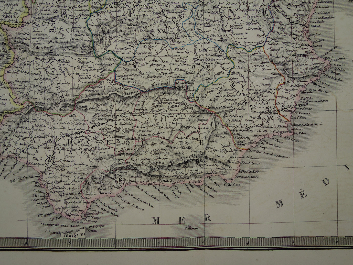 SPANJE grote oude kaart van Spanje en Portugal in 1851 originele antieke Franse handgekleurde landkaart met jaartal