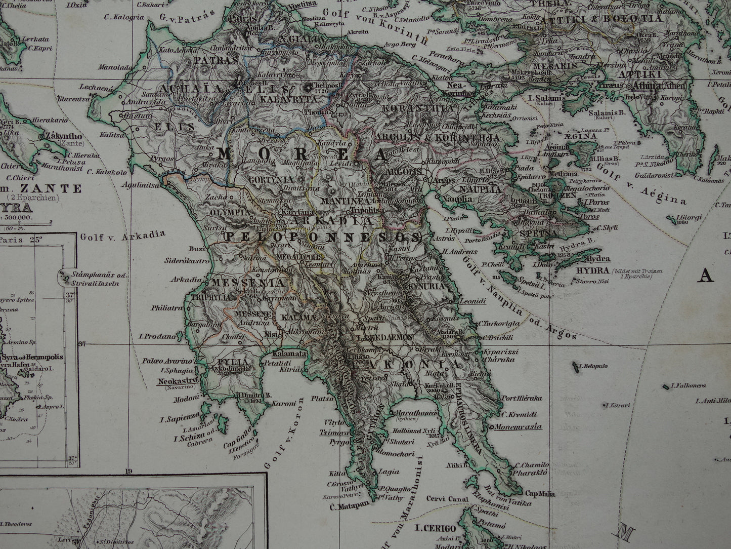 155+ jaar oude landkaart van Griekenland originele antieke kaart uit 1868 vintage kaarten Athene Piraeus