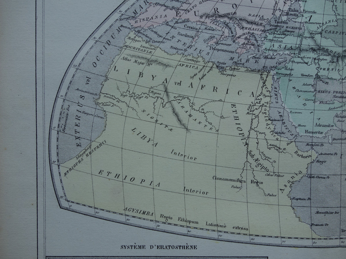Antieke historische WERELDKAART 1858 oude kaart van Strabo Ptolemaeus Eratosthenes van de wereld in de klassieke oudheid