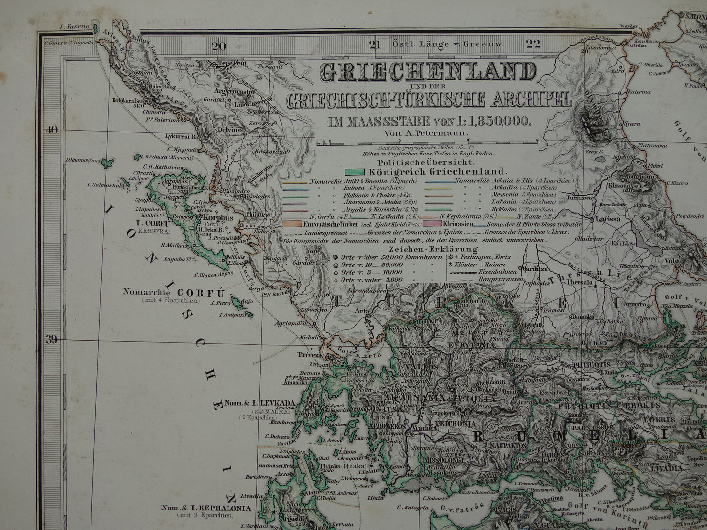 155+ jaar oude landkaart van Griekenland originele antieke kaart uit 1868 vintage kaarten Athene Piraeus