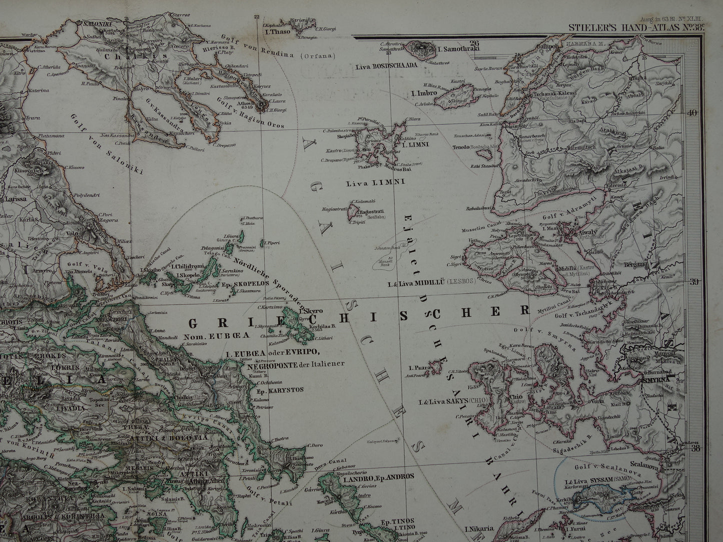 155+ jaar oude landkaart van Griekenland originele antieke kaart uit 1868 vintage kaarten Athene Piraeus