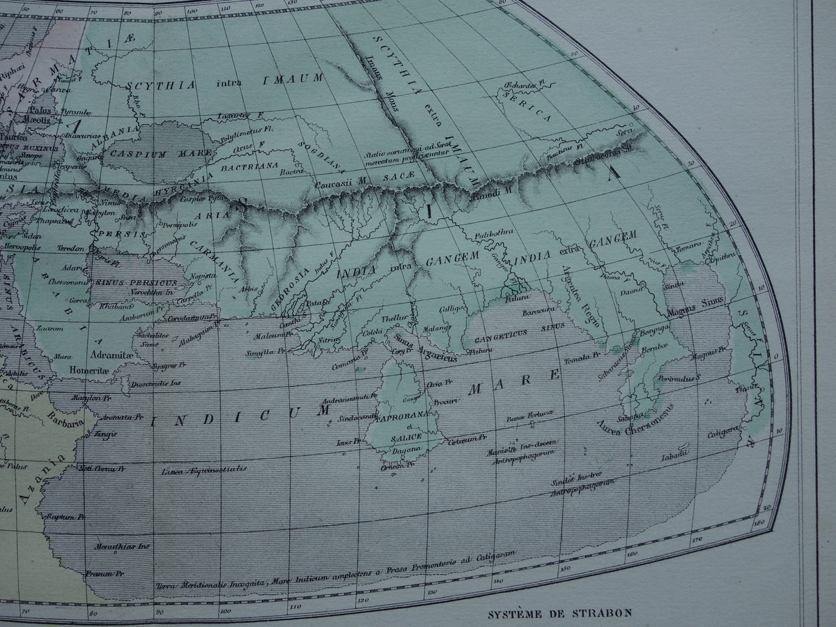 Antieke historische WERELDKAART 1858 oude kaart van Strabo Ptolemaeus Eratosthenes van de wereld in de klassieke oudheid