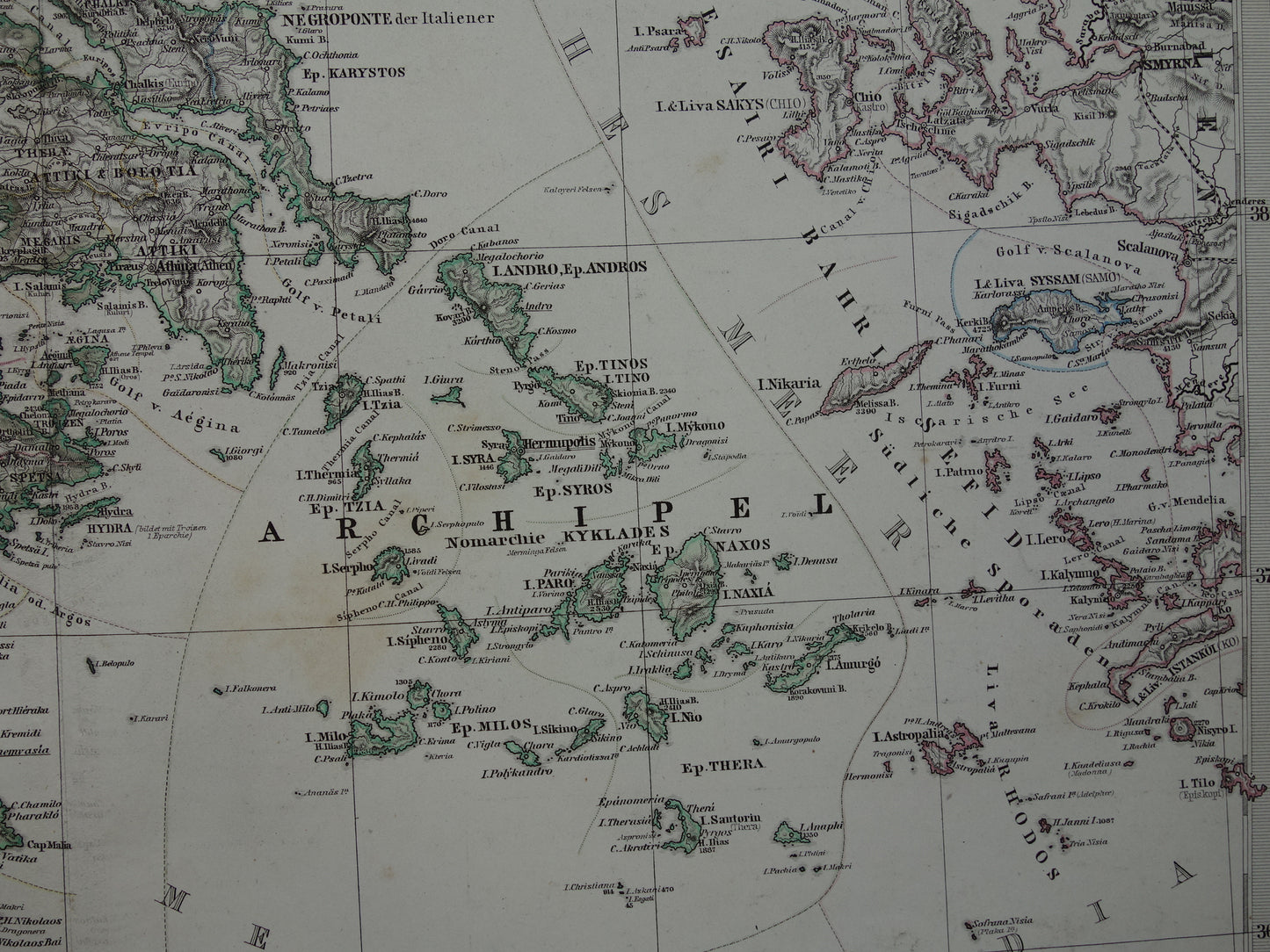 155+ jaar oude landkaart van Griekenland originele antieke kaart uit 1868 vintage kaarten Athene Piraeus
