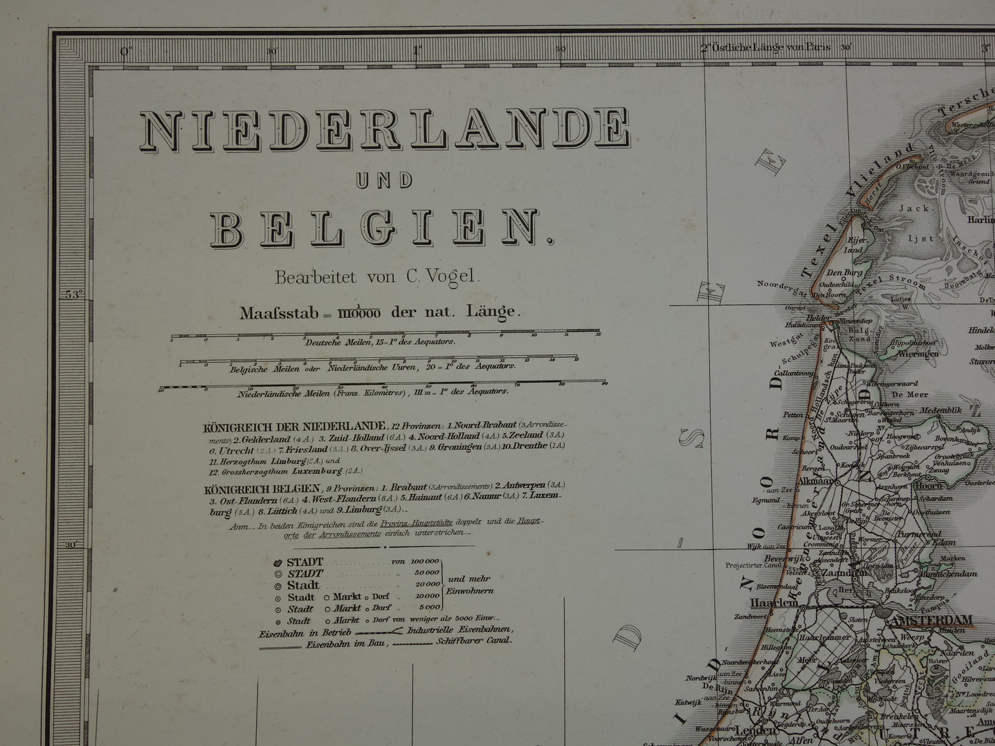 Oude landkaart van NEDERLAND en BELGIË in 1868 Antieke Duitse kaart Benelux vintage poster met jaartal