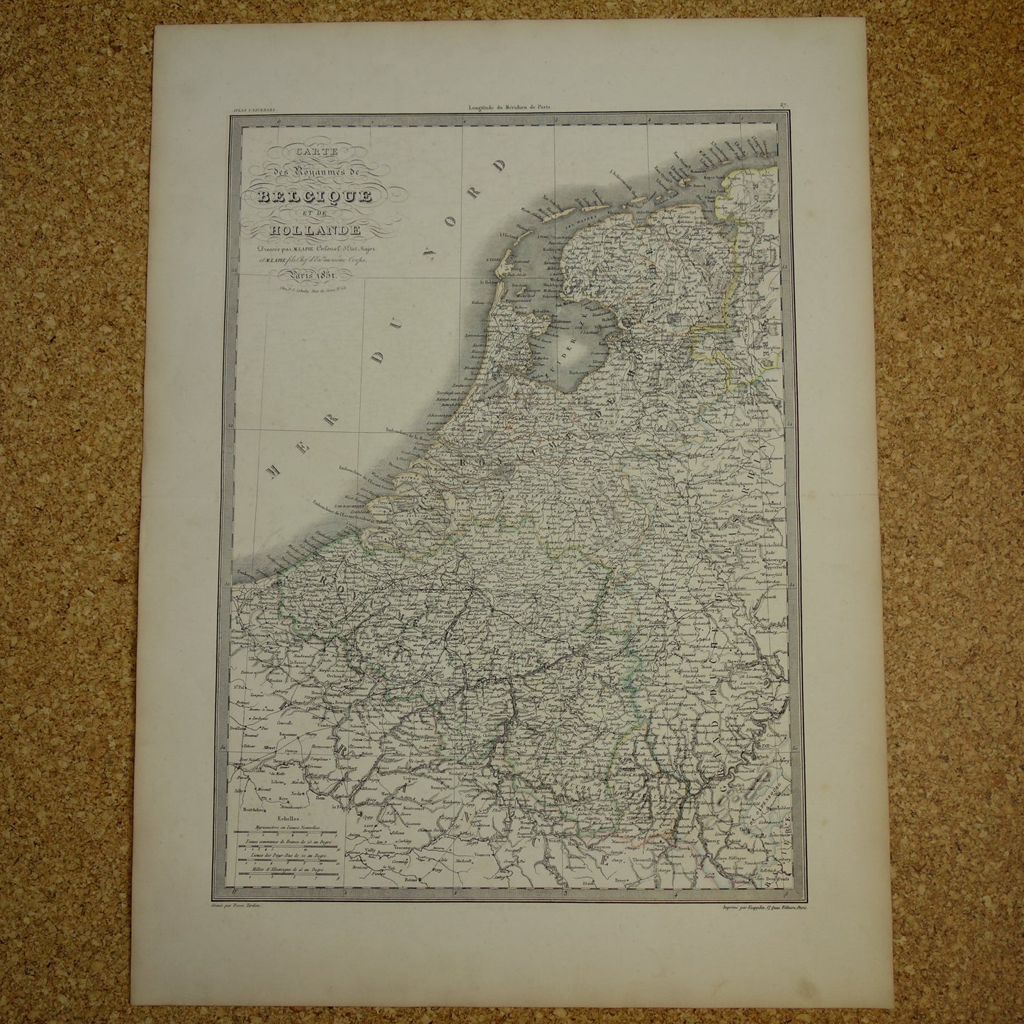 NEDERLAND grote oude kaart van Nederland en België in 1851 originele antieke Franse handgekleurde landkaart poster