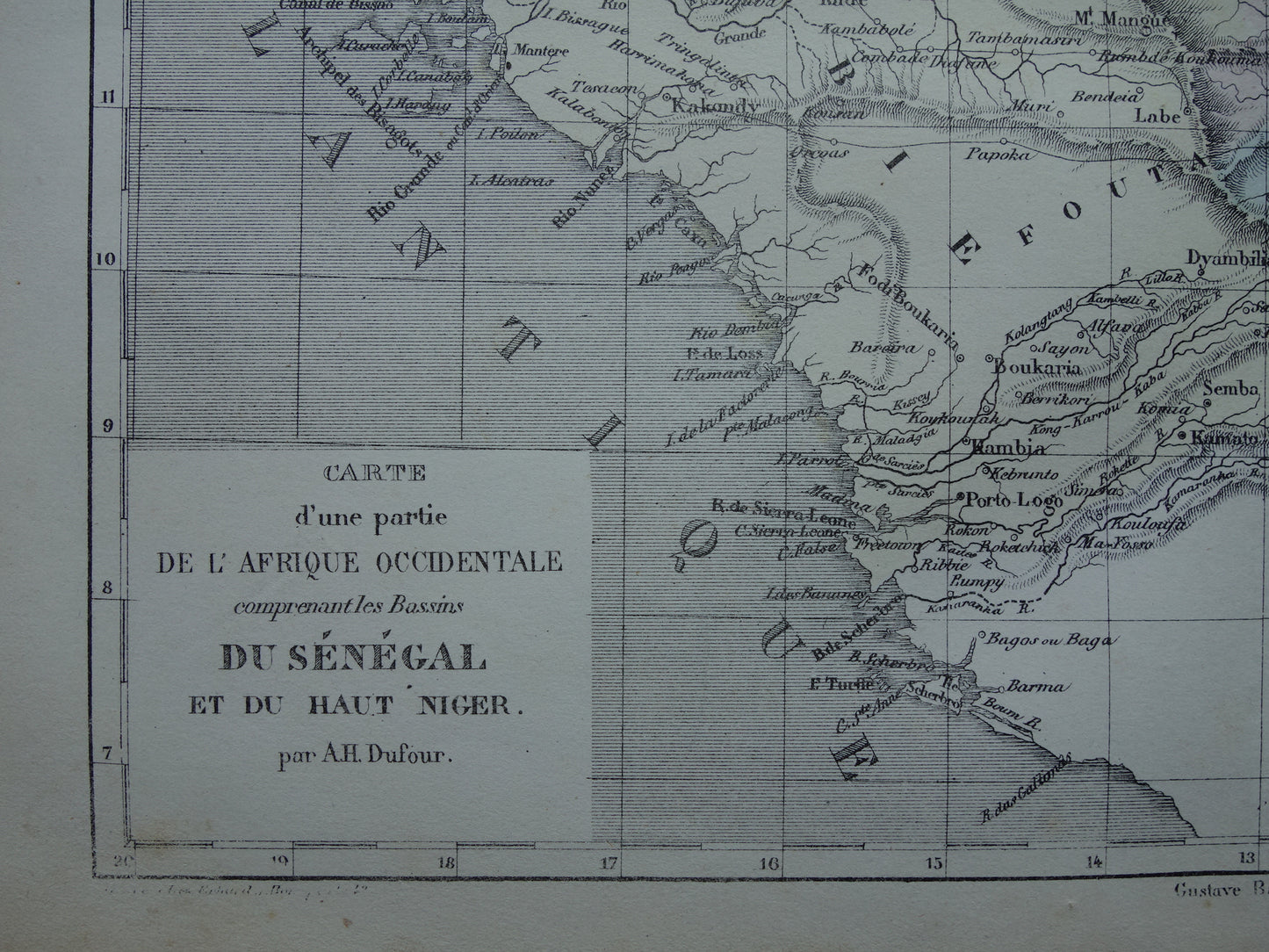 West-Afrika antieke landkaart - Handgekleurde oude Franse kaart van Gambia Mali Senegal Guinee
