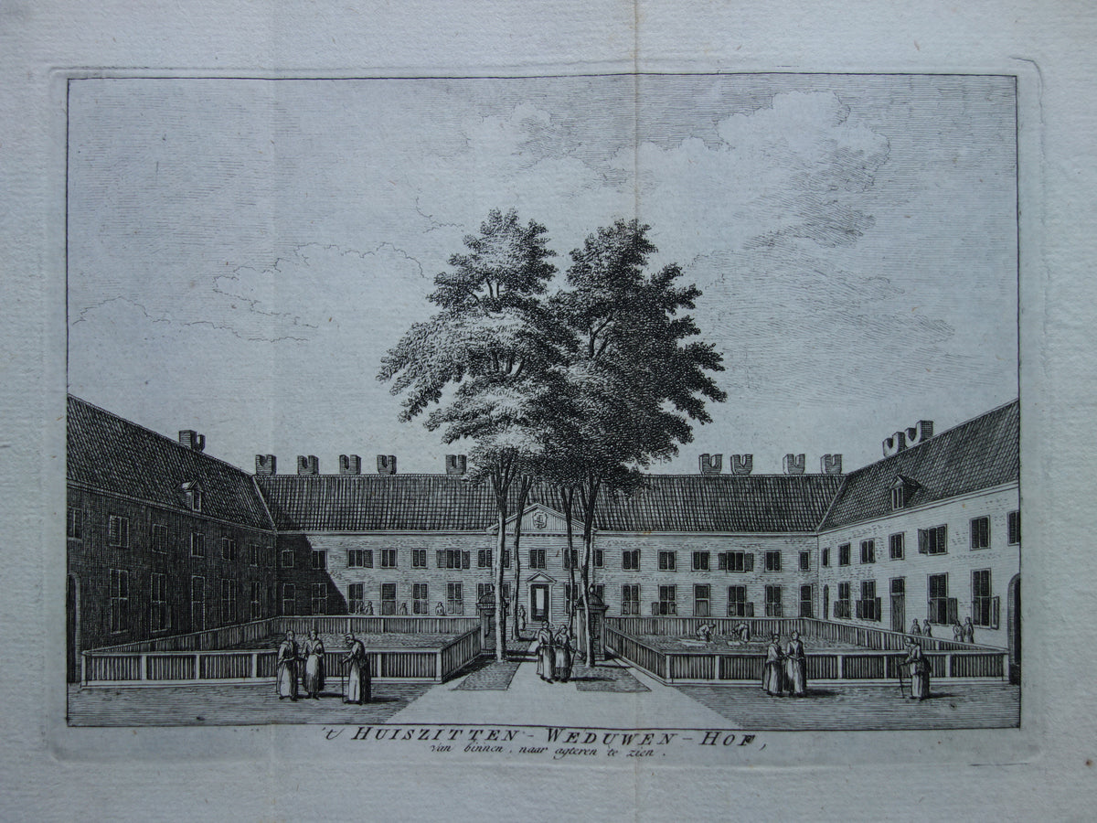Oude prent van Karthuizerhof in Amsterdam Originele antieke gravure Huiszittenweduwenhof Karthuizerhofje Historisch stadsgezicht Vintage Print Karthuizerstraat 87-171