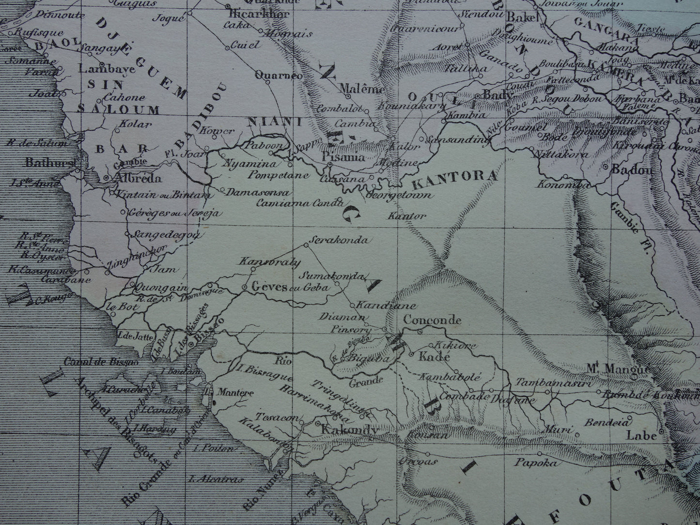 West-Afrika antieke landkaart - Handgekleurde oude Franse kaart van Gambia Mali Senegal Guinee
